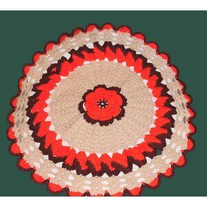 HUGE Vintage Handmade Crochet Doily 24" Round Retro Decor Orange/Brown/Tan Kitsc